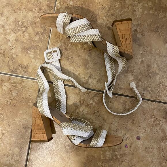 Donald J Pliner Braided White & Gold Strappy Cork Block Heels Sandals Size 6.5 - Picture 1 of 4